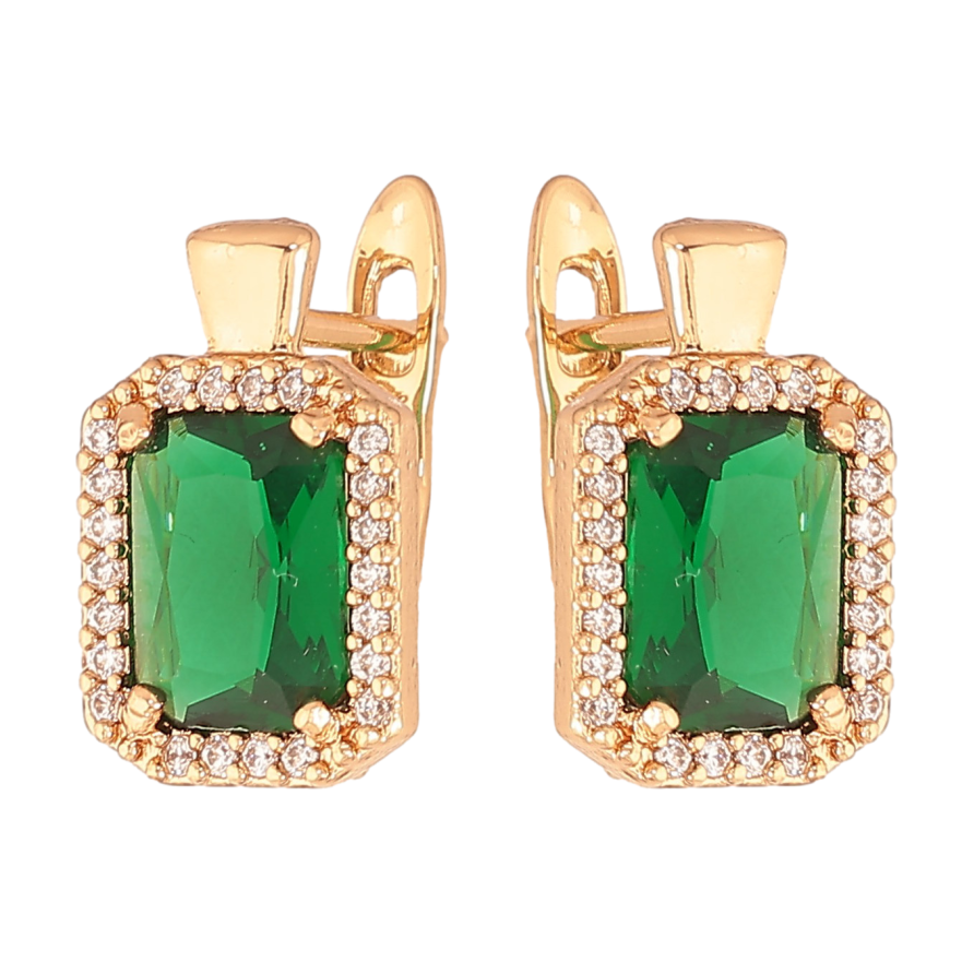 Сережки Xuping колір Позолота 18K англійський замок "Зелені кристали в обрамленні" фото №1