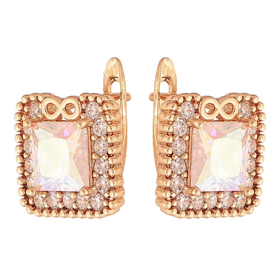 Серьги Xuping цвет Позолота 18K английский замок "Радужные кристаллы в обрамлении" фото №1