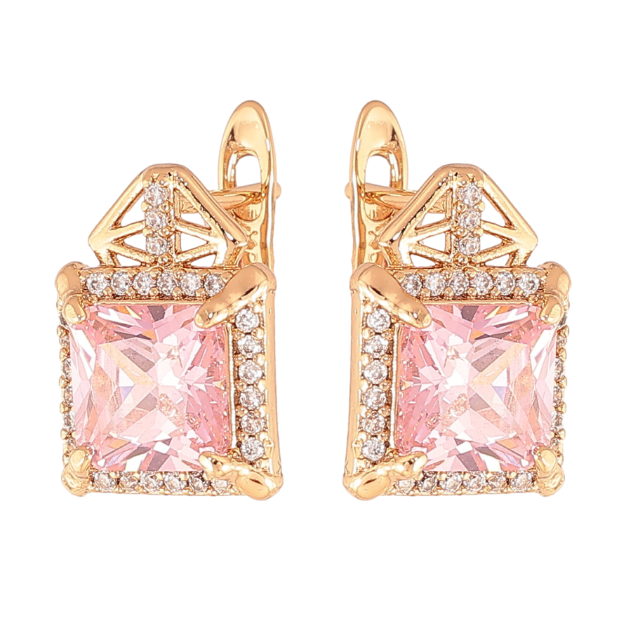 Сережки Xuping колір Позолота 18K англійський замок "Візерунок з рожевими кристалами" фото №1