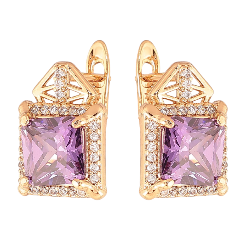Сережки Xuping колір Позолота 18K англійський замок "Візерунок з бузковими кристалами" фото №1