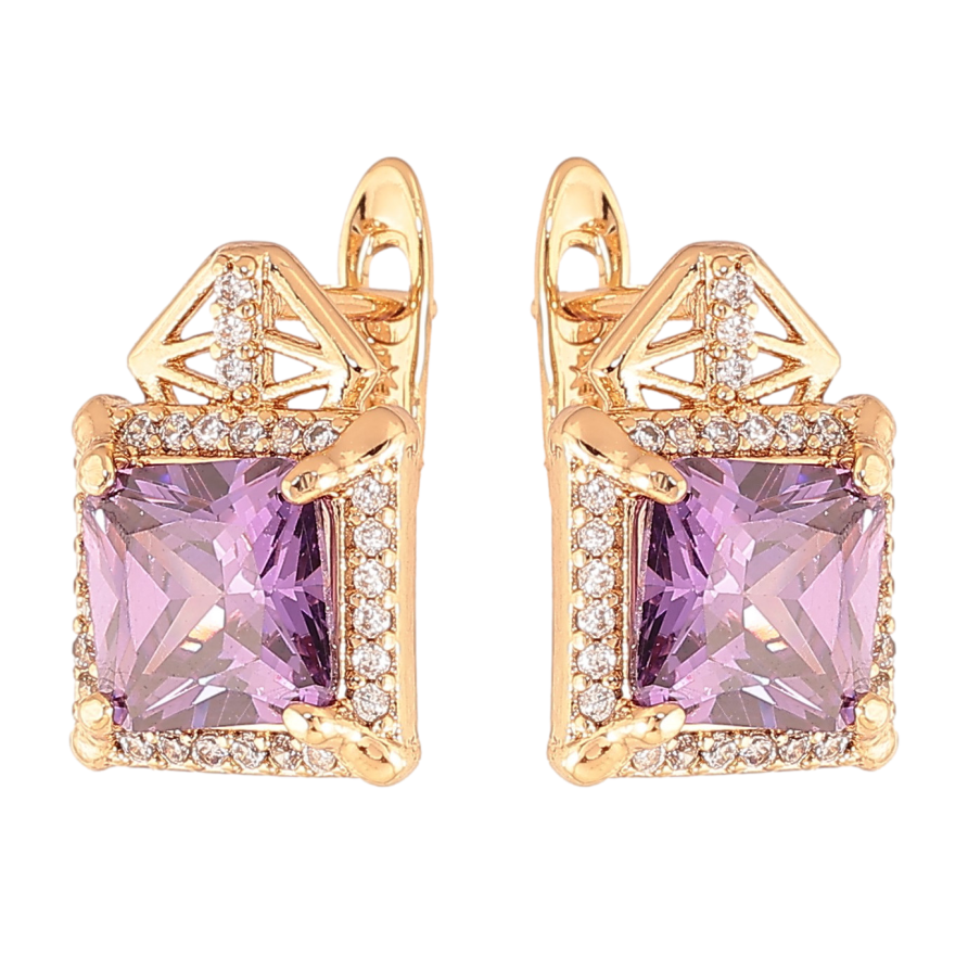 Сережки Xuping колір Позолота 18K англійський замок "Візерунок з бузковими кристалами" фото №1