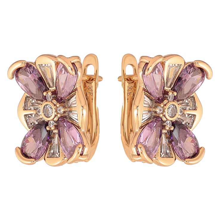 Сережки Xuping колір Позолота 18K англійський замок "Квіточки з бузковими кристалами" фото №15