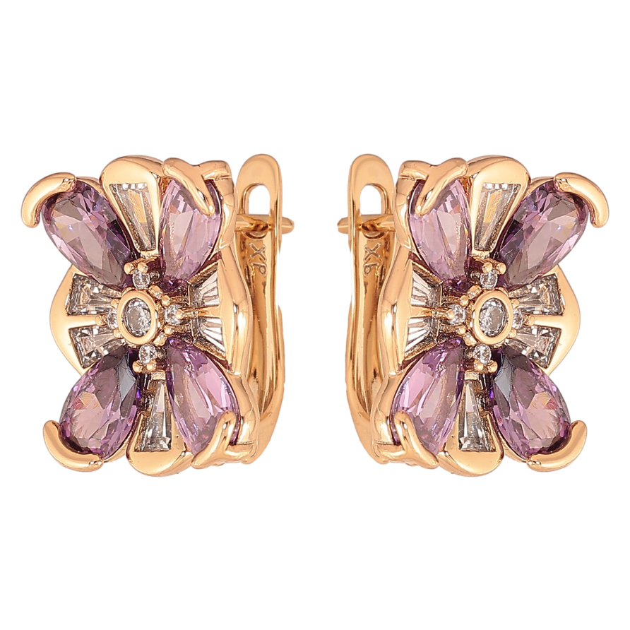 Сережки Xuping колір Позолота 18K англійський замок "Квіточки з бузковими кристалами" фото №1