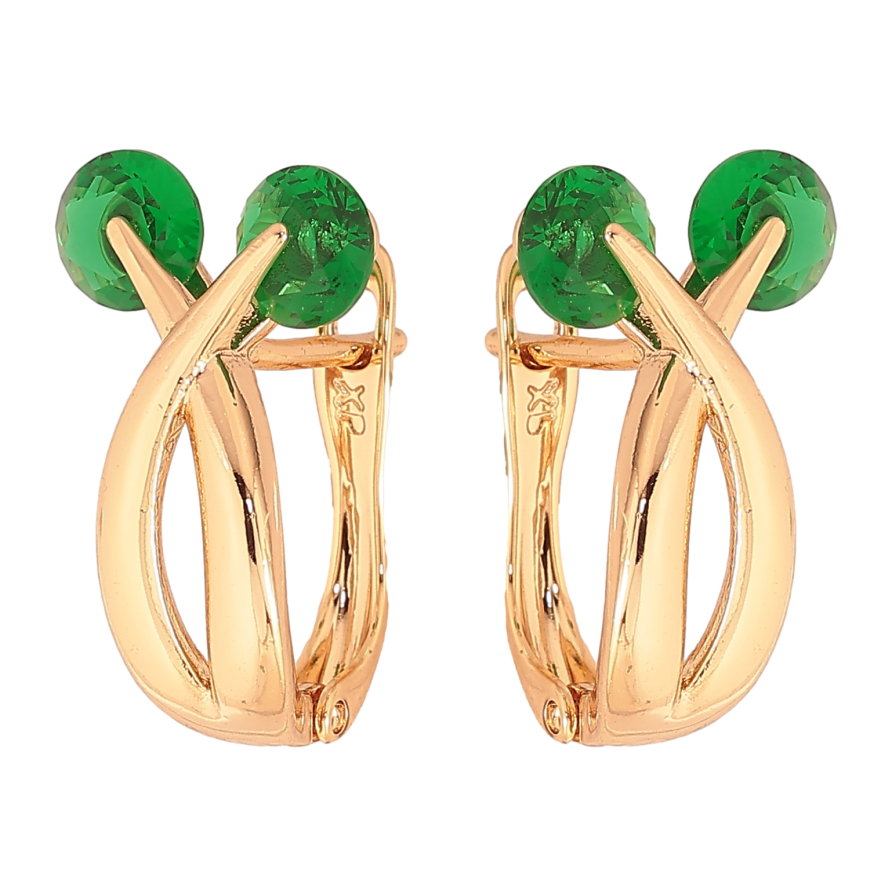 Серьги Xuping цвет Позолота 18К английский замок "Узор с зелеными кристаллами" фото №1