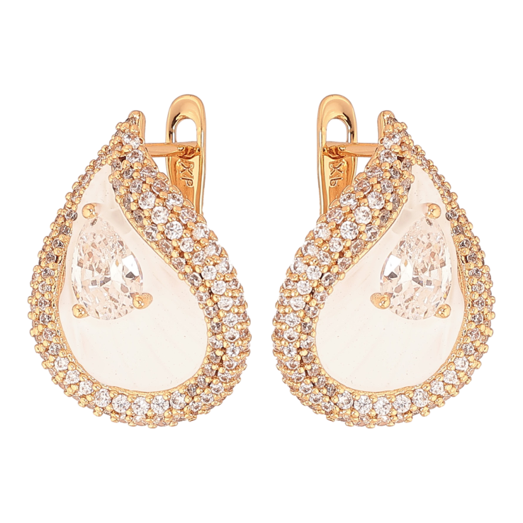 Серьги Xuping цвет Позолота 18К английский замок "Капельки с инкрустацией кристаллами и белой эмалью" фото №7