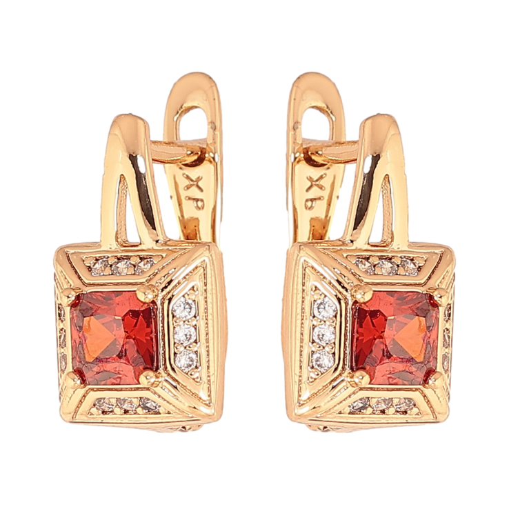 Серьги Xuping цвет Позолота 18K английский замок "Узор с красными кристаллами" фото №2