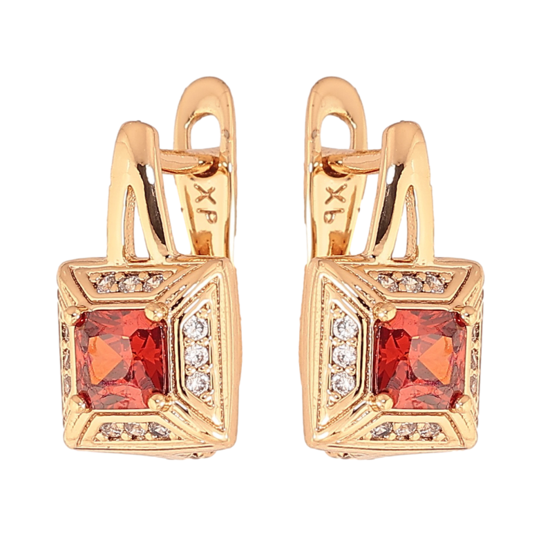 Сережки Xuping колір Позолота 18K англійський замок "Візерунок з червоними кристалами" фото №1