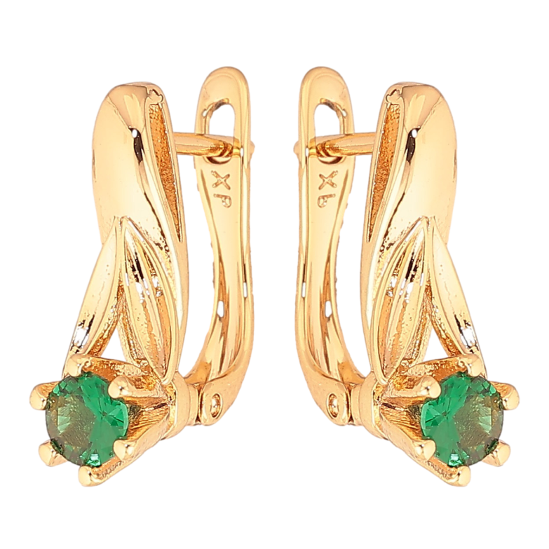 Серьги Xuping цвет Позолота 18K английский замок "Узор с зелеными кристаллами" фото №1