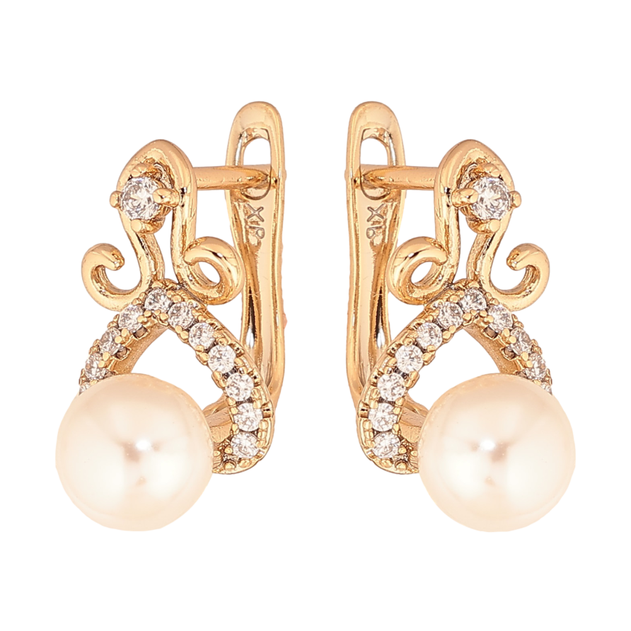 Сережки Xuping колір Позолота 18К англійський замок "Візерунок з кристалами та перлинами" фото №1