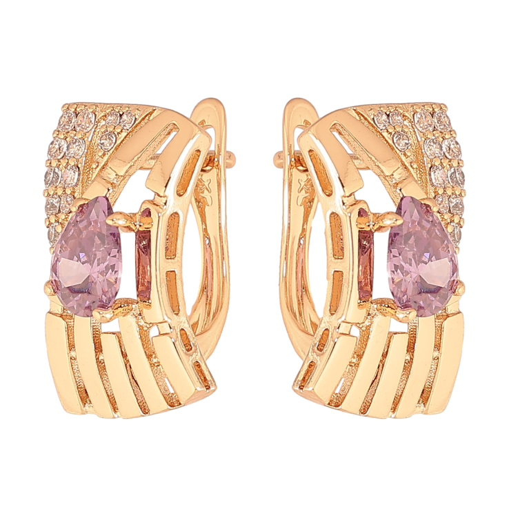 Серьги Xuping цвет Позолота 18К английский замок "Узор с сиреневыми кристаллами" фото №11
