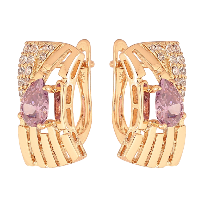 Сережки Xuping колір Позолота 18К англійський замок "Візерунок з бузковими кристалами" фото №1