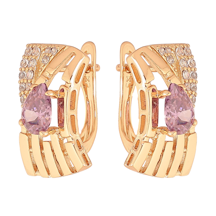 Серьги Xuping цвет Позолота 18К английский замок "Узор с сиреневыми кристаллами" фото №1