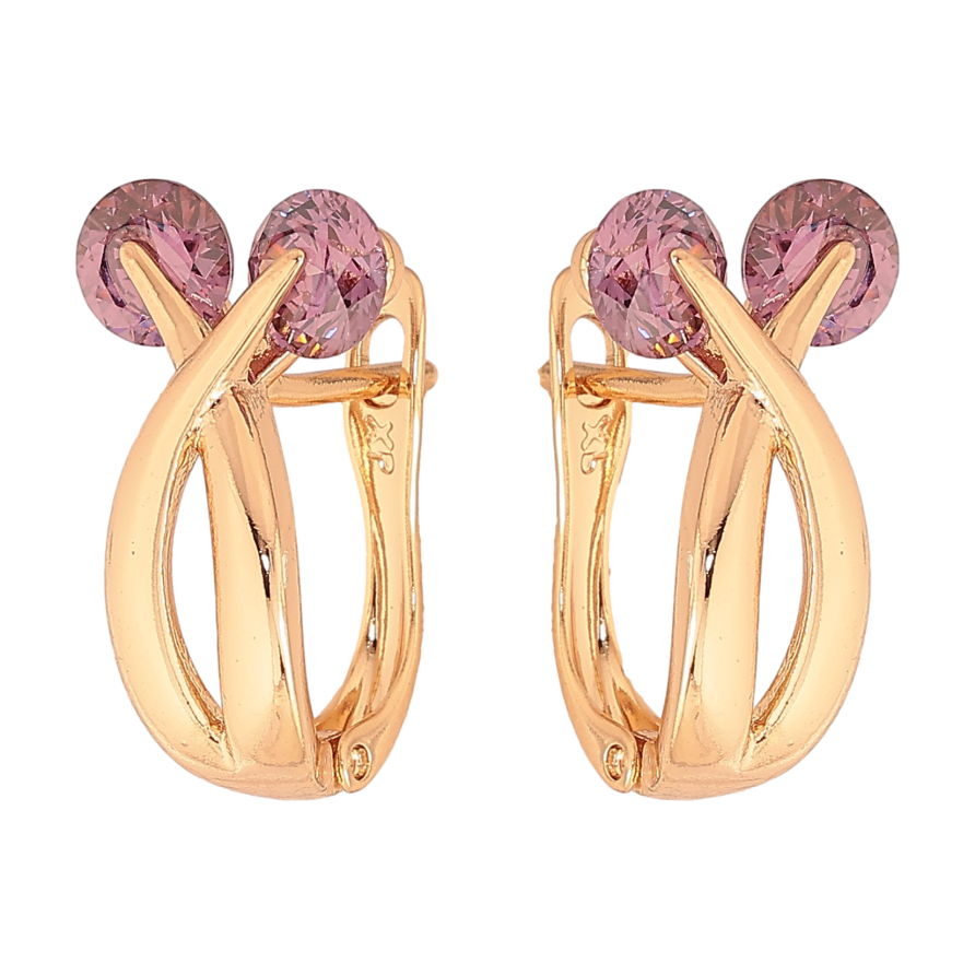 Серьги Xuping цвет Позолота 18К английский замок "Узор с сиреневыми кристаллами" фото №1