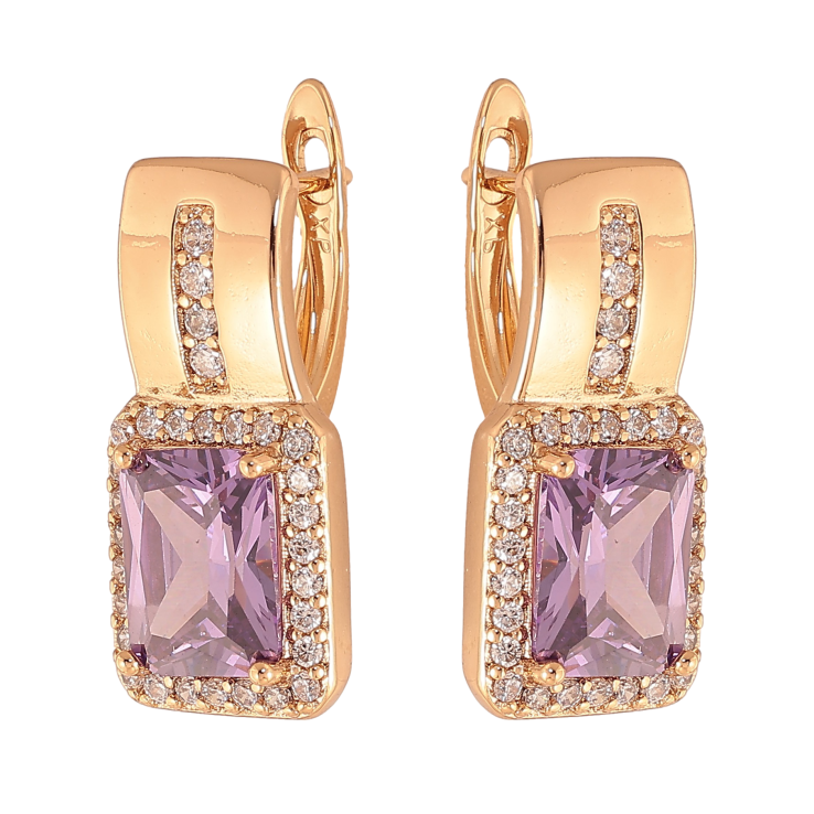 Серьги Xuping цвет Позолота 18K английский замок "Узор с сиреневыми кристаллами" фото №21