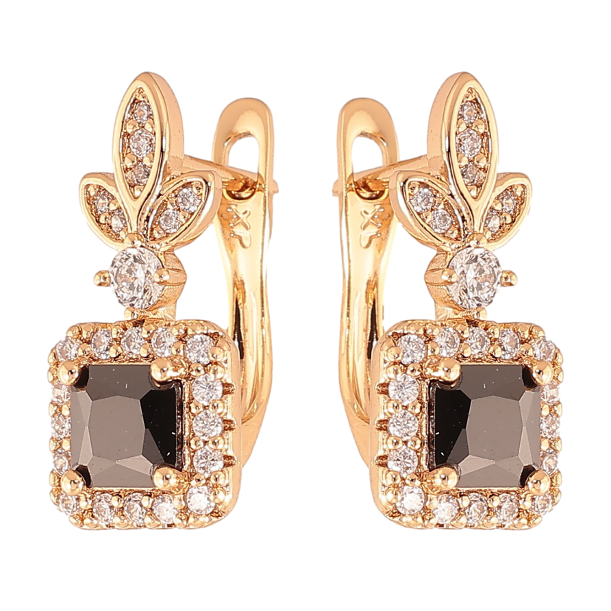 Серьги Xuping цвет Позолота 18K английский замок "Узор с черными кристаллами" фото №1