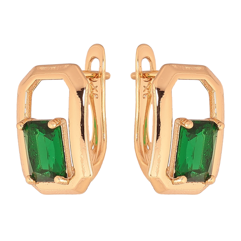 Серьги Xuping цвет Позолота 18К английский замок "Узор с зелеными кристаллами" фото №1