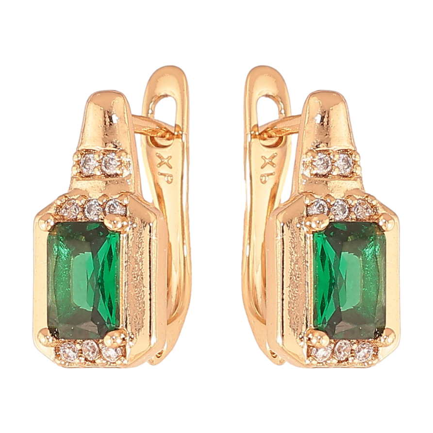 Сережки Xuping колір Позолота 18K англійський замок "Візерунок з зеленими кристалами" фото №1