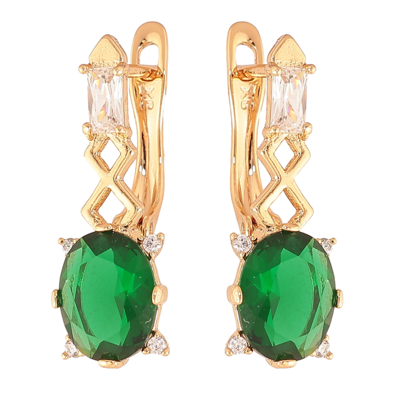 Серьги Xuping цвет Позолота 18K английский замок "Узор с зелеными кристаллами" фото №1