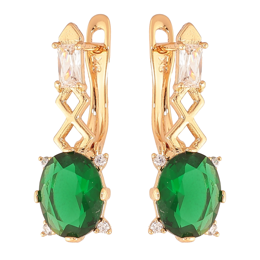 Серьги Xuping цвет Позолота 18K английский замок "Узор с зелеными кристаллами" фото №1