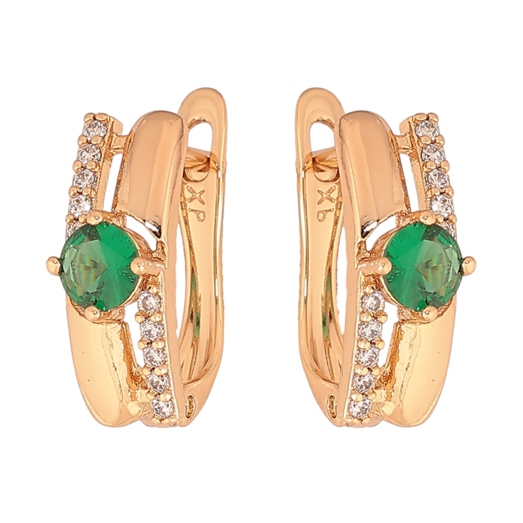 Серьги Xuping цвет Позолота 18К английский замок "Узор с зелеными кристаллами" фото №2