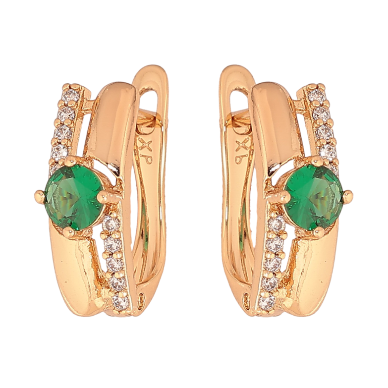 Серьги Xuping цвет Позолота 18К английский замок "Узор с зелеными кристаллами" фото №1