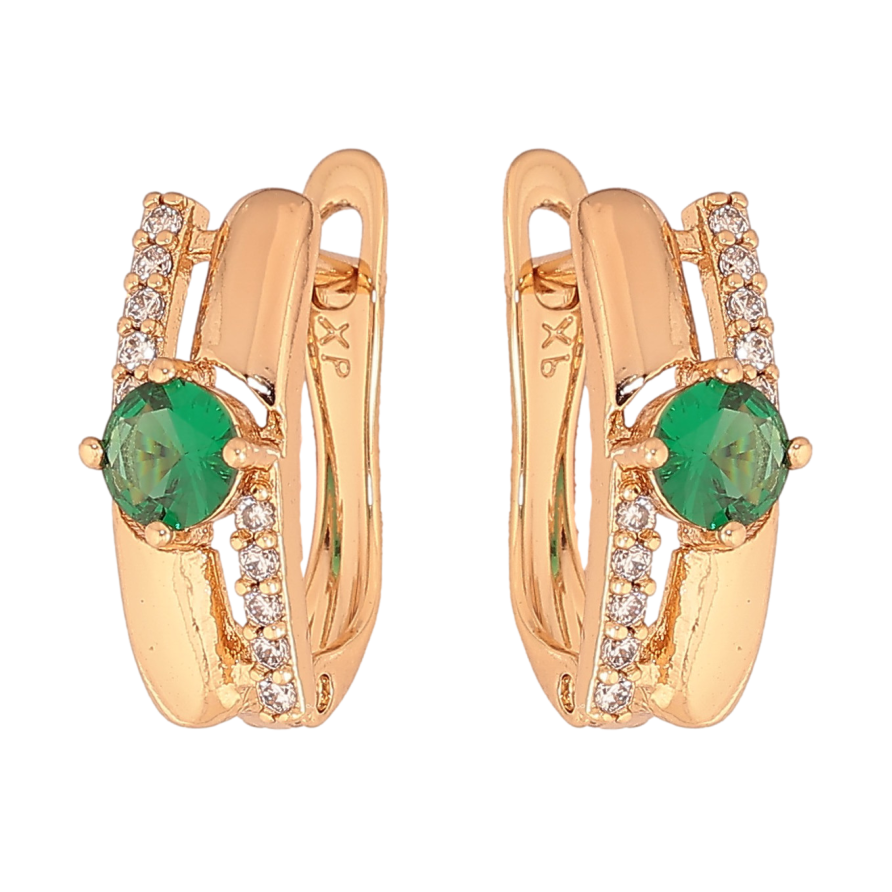 Серьги Xuping цвет Позолота 18К английский замок "Узор с зелеными кристаллами" фото №1