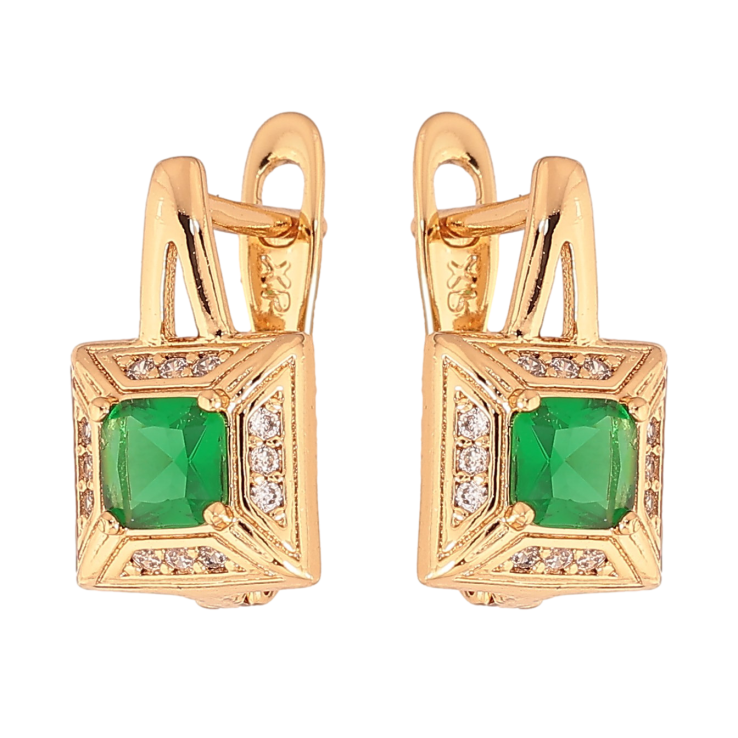 Серьги Xuping цвет Позолота 18K английский замок "Узор с зелеными кристаллами" фото №4