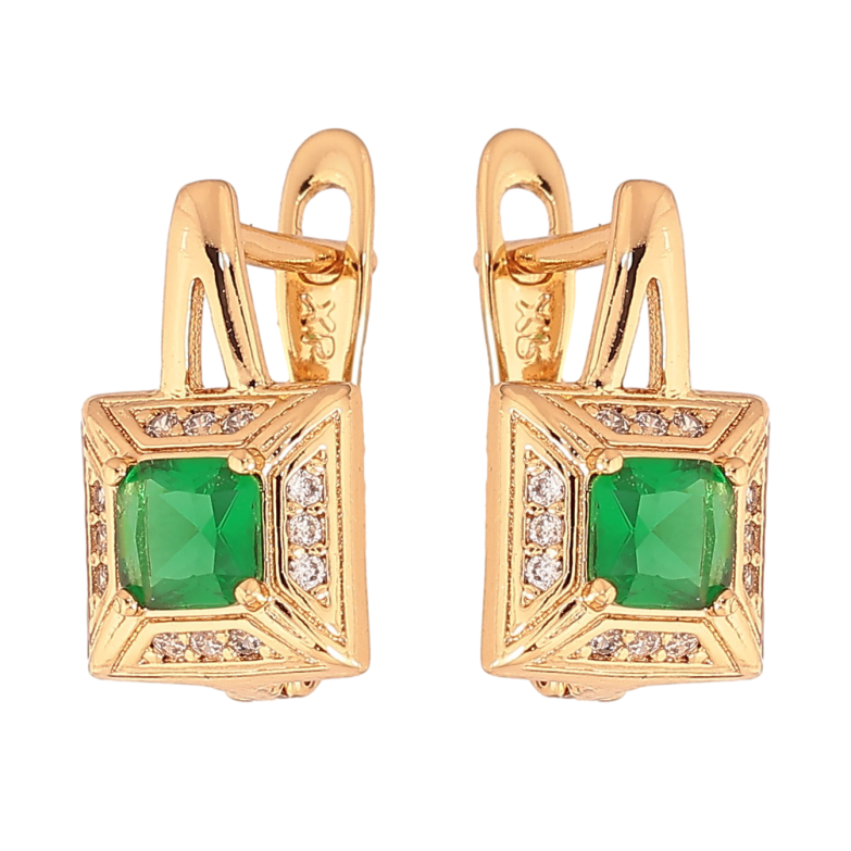 Сережки Xuping колір Позолота 18K англійський замок "Візерунок з зеленими кристалами" фото №1