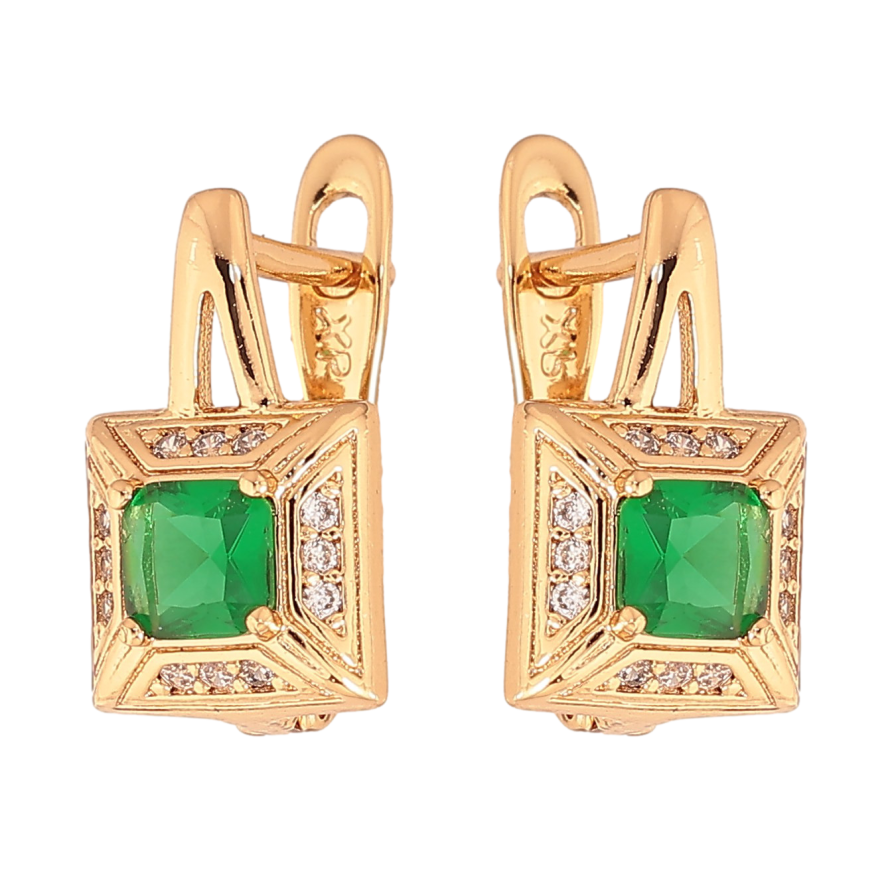 Сережки Xuping колір Позолота 18K англійський замок "Візерунок з зеленими кристалами" фото №1