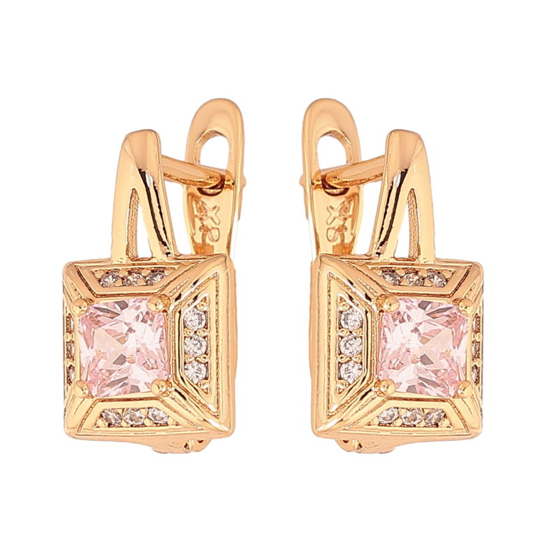 Сережки Xuping колір Позолота 18K англійський замок "Візерунок з рожевими кристалами" фото №1