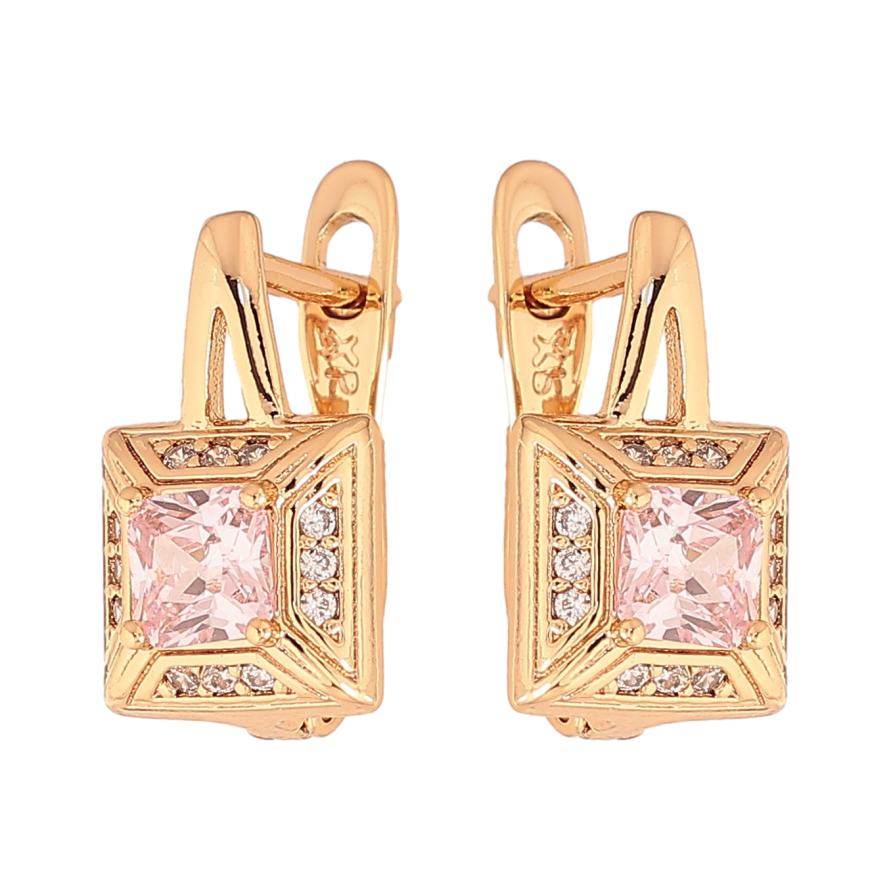 Сережки Xuping колір Позолота 18K англійський замок "Візерунок з рожевими кристалами" фото №1