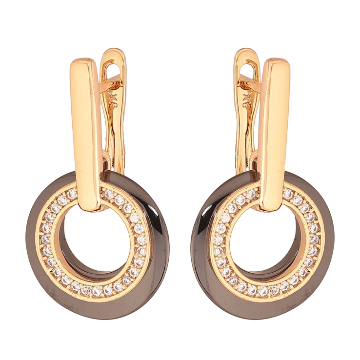 Серьги Xuping цвет Позолота 18К английський замок "Колечки с черной керамики и кристаллами" фото №20