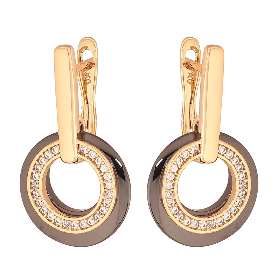 Серьги Xuping цвет Позолота 18К английський замок "Колечки с черной керамики и кристаллами" фото №1 Серьги Xuping цвет Позолота 18К английський замок "Колечки с черной керамики и кристаллами" фото №1