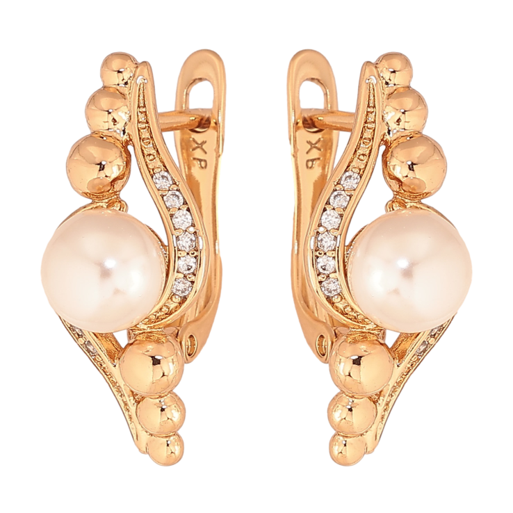 Серьги Xuping цвет Позолота 18К английский замок "Узор с жемчужинами и кристаллами" фото №7