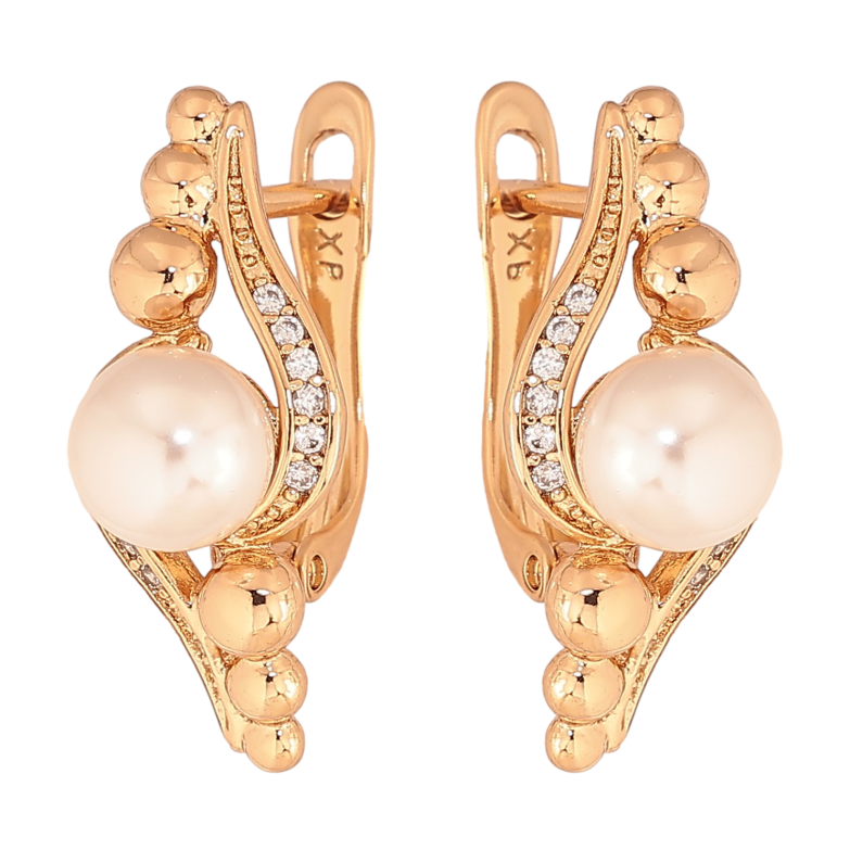 Сережки Xuping колір Позолота 18К англійський замок "Візерунок з перлинами та кристалами" фото №6