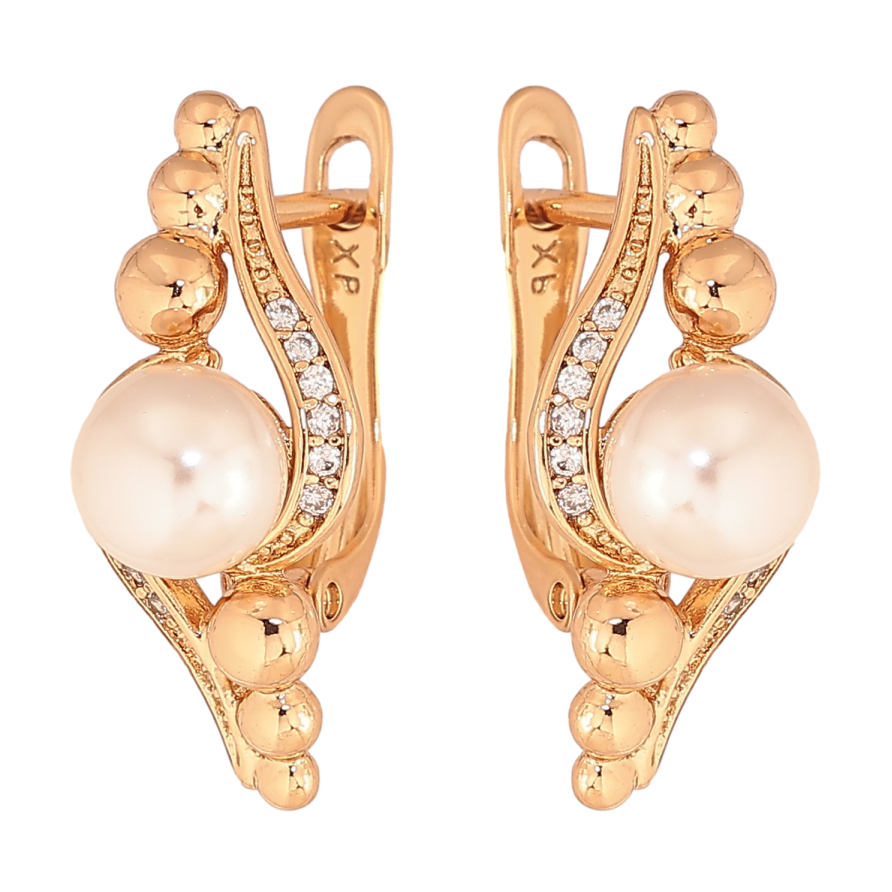 Серьги Xuping цвет Позолота 18К английский замок "Узор с жемчужинами и кристаллами" фото №1