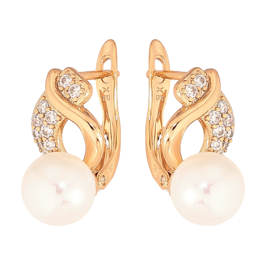 Серьги Xuping цвет Позолота 18К английський замок "Узор с жемчужинами и кристаллами" фото №1 Серьги Xuping цвет Позолота 18К английський замок "Узор с жемчужинами и кристаллами" фото №1