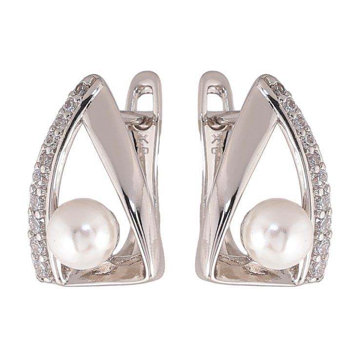 Серьги Xuping цвет Родий английский замок "Треугольники с кристаллами и жемчужинами" фото №2 Серьги Xuping цвет Родий английский замок "Треугольники с кристаллами и жемчужинами" фото №2