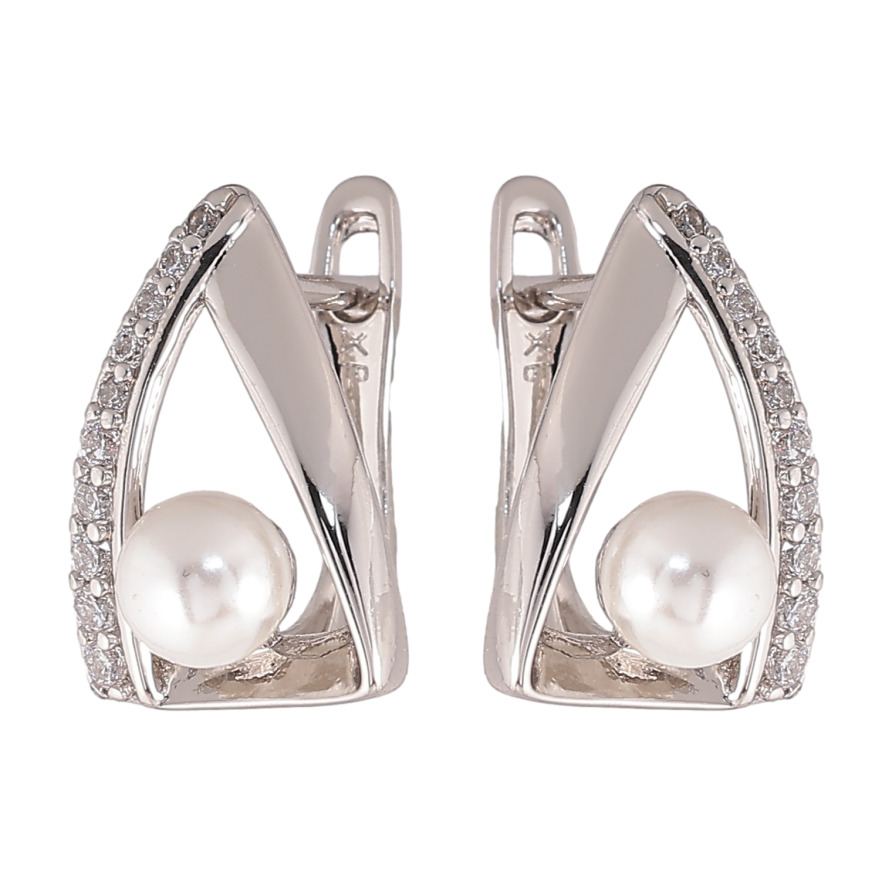 Серьги Xuping цвет Родий английский замок "Треугольники с кристаллами и жемчужинами" фото №1