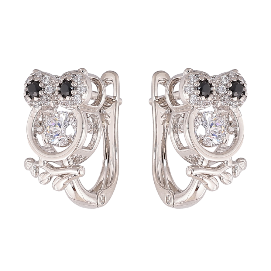 Серьги Xuping цвет Родий английский замок "Совы с кристаллами" фото №1