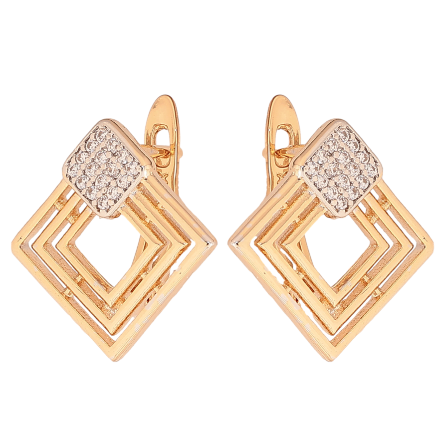 Сережки Xuping колір позолота 18K + родій англійський замок ромбовий візерунок з кристалами фото №1