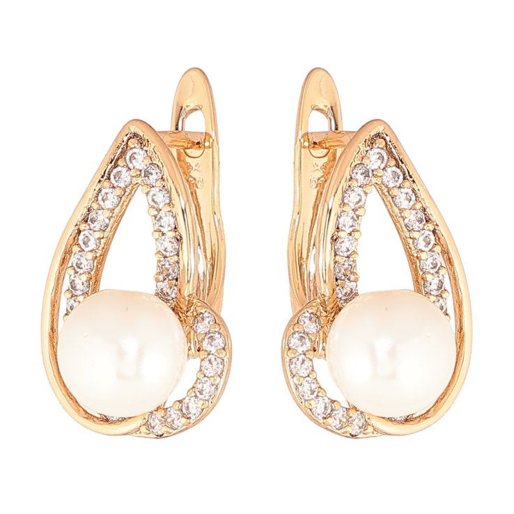 Серьги Xuping цвет позолота 18K английский замок узор с кристаллами и жемчужинами фото №3