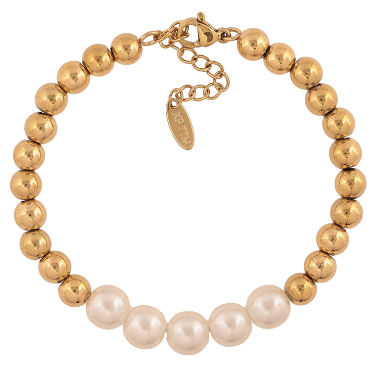 Браслет Xuping ТТМ Stainless Steel колір 14К "Золотисто-перлинні намистини" довжина з дод. ланцюжком 17-21см х 6-8мм фото №10