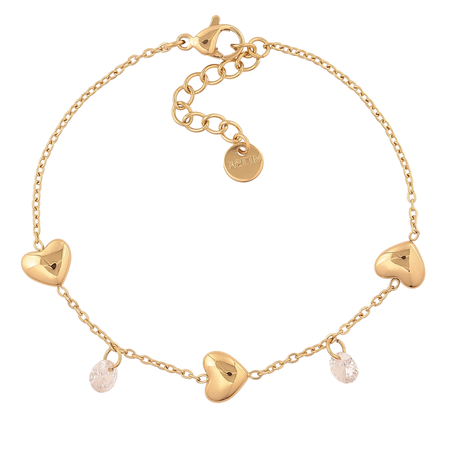 Браслет Xuping ТТМ Stainless Steel колір 14К "Ланцюжок з сердечками і кристальними підвісками" довжина з дод. ланцюжком 17-20см х 1.5-8мм фото №1