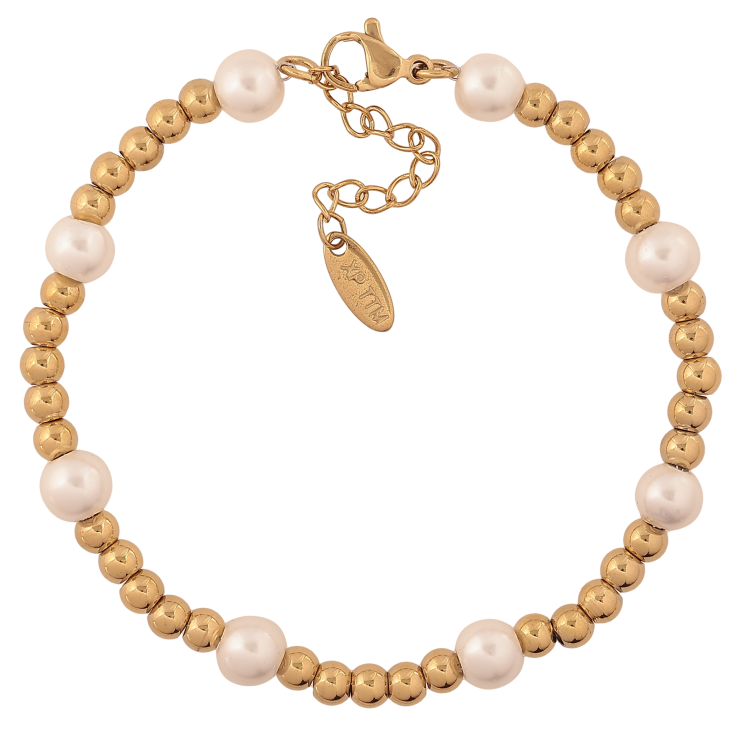 Браслет Xuping ТТМ Stainless Steel колір 14К "Золотисто-перлинні намистини" довжина з дод. ланцюжком 17.5-20.5см х 4-6мм фото №2