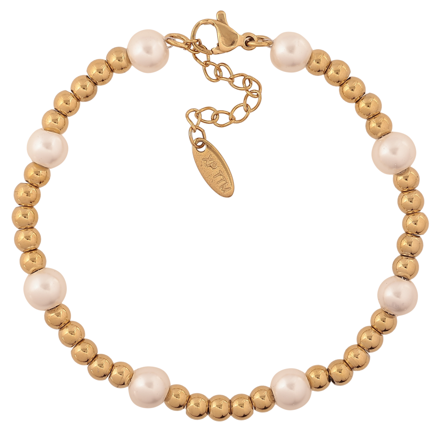 Браслет Xuping ТТМ Stainless Steel колір 14К "Золотисто-перлинні намистини" довжина з дод. ланцюжком 17.5-20.5см х 4-6мм фото №1