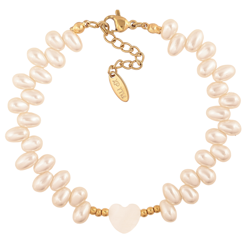 Браслет Xuping ТТМ Stainless Steel колір 14К "Перлинні намистини з перламутровим серцем" довжина з дод. ланцюжком 17.5-21см х 2-10мм фото №1