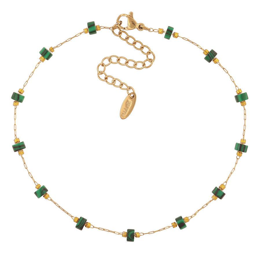 Браслет Xuping ТТМ Stainless Steel колір 14К на ногу "Ланцюжок з жовто-зеленими намистинами" довжина з дод. ланцюжком 24.5-30см х 1-4мм фото №1