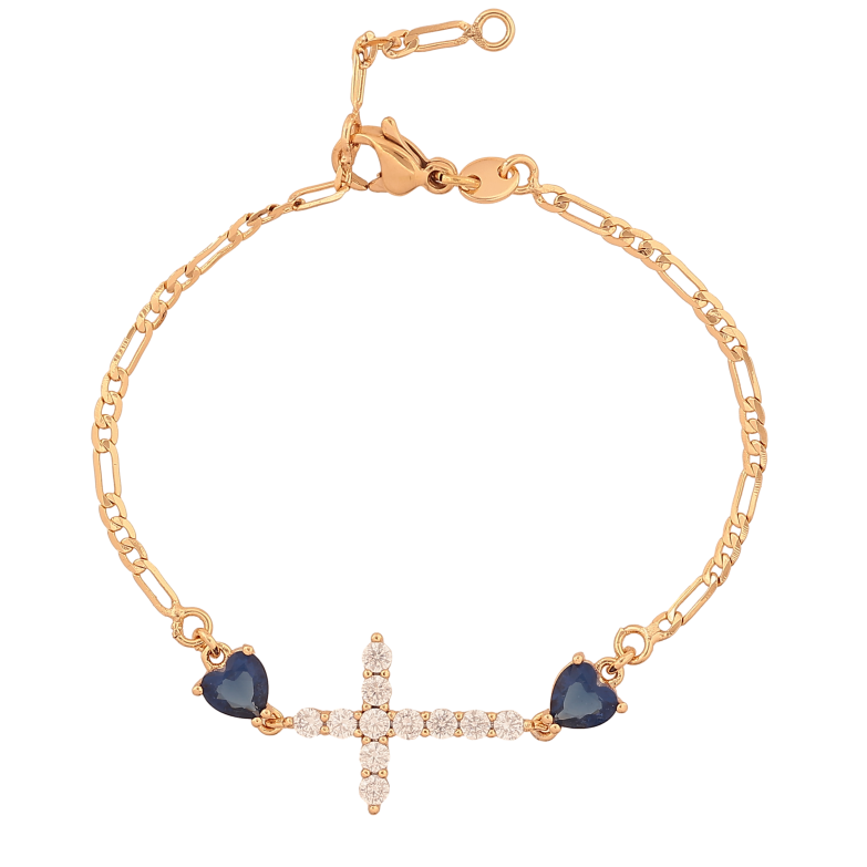 Браслет Xuping цвет Позолота 18К "Крестик с синими кристальными сердечками" размер с доп. звеном 15,16.5см х 2-13мм фото №1