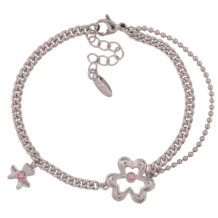 Браслет Xuping колір Родій "Подвійний ланцюжок з квіточками" довжина з дод. ланцюжком 15.5-18.5см х 2-15мм фото №1